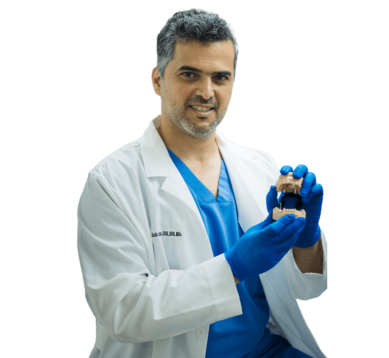 Dentist designing smile using digital tools for fast dental care cosmetic treatment